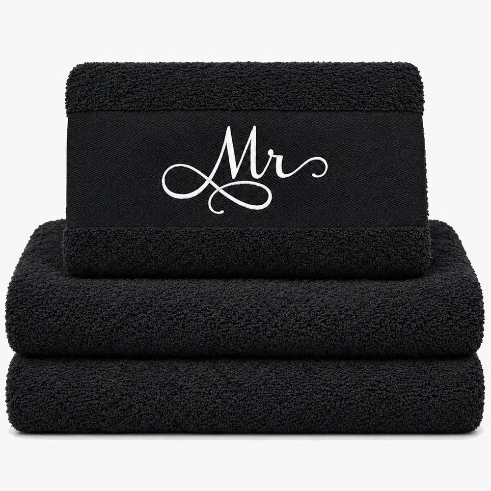 black towel with the names Mr and Mrs black towel with the names Mr and Mrs