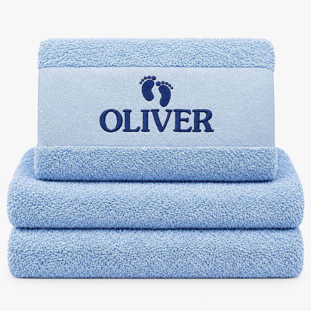 Baby blue towel with name close up image