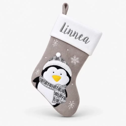 Pingviini-aiheinen harmaa joulusukka