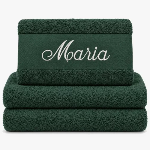 Dark green towel with name embroidered